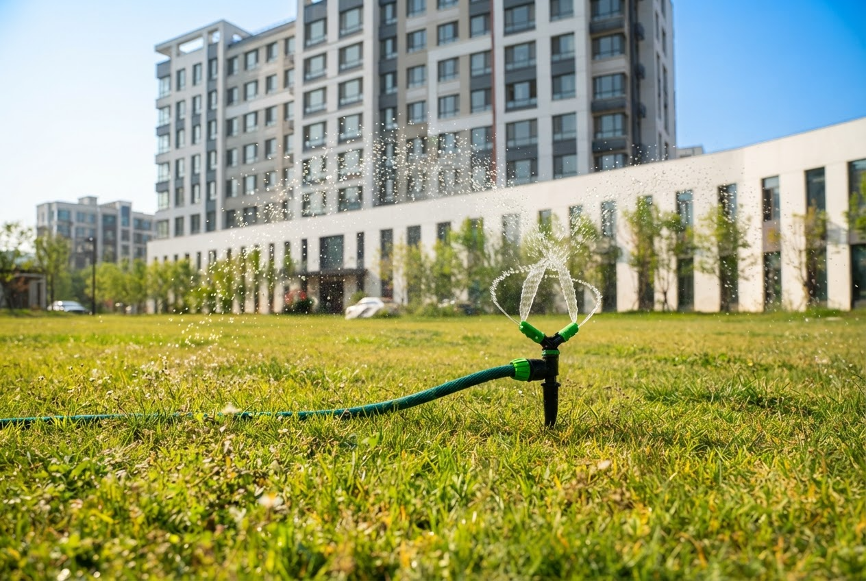 Sistema de irrigação por aspersor em área verde de um empreendimento residencial, representando o uso de água de reúso em jardins e áreas externas.